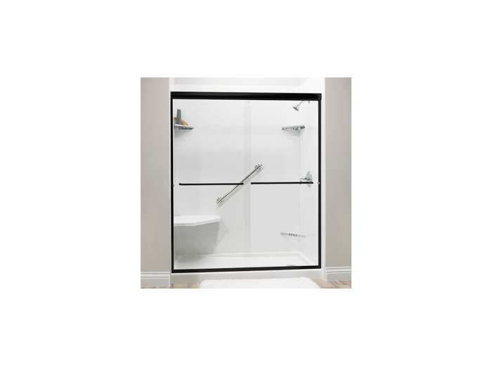 Liquid Accents Shower Door 48 x 70 Matte Black with 1/4 Clear Glass, Two Towel Bars and Two Knobs