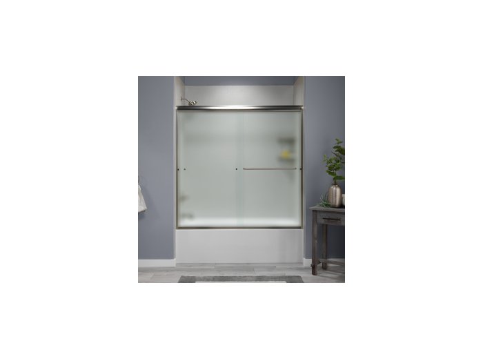 Liquid Accents 60 X 62 Shower Door, Brushed Nickel, 1/4 inch Frost Glass, Two Towel Bars & Two Knobs