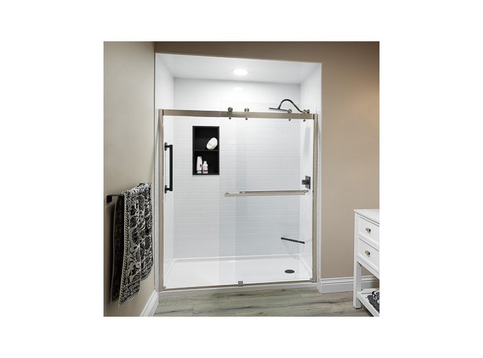 Liquid Accents 48X74 Denali Shower Door Barn-Style Double Slider, Brushed Nickel, 5/16 inch Clear Glass