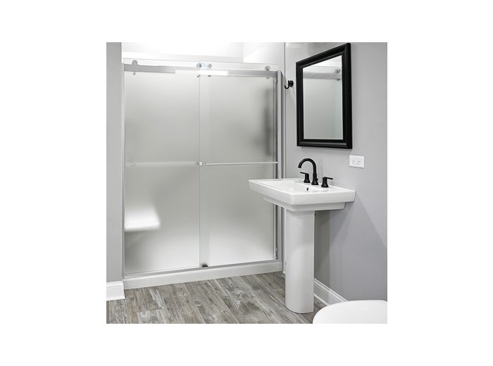 Liquid Accents 60X74 Denali Shower Door Barn-Style Double Slider, Chrome, 5/16 inch Frost Glass