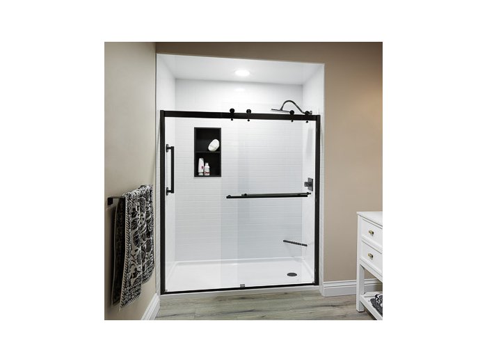 Liquid Accents 60X74 Denali Shower Door Barn-Style Double Slider, Matte Black, 5/16 inch Clear Glass