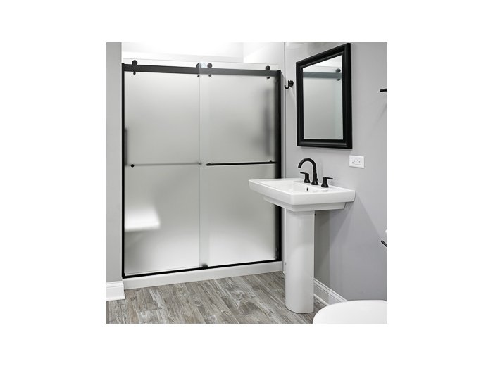 Liquid Accents 60X74 Denali Shower Door Barn-Style Double Slider, Matte Black, 5/16 inch Frost Glass
