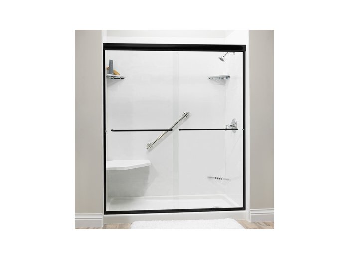 Liquid Accents Shower Door 72 x 70 Matte Black with 1/4 Clear Glass, Two Towel Bars and Two Knobs
