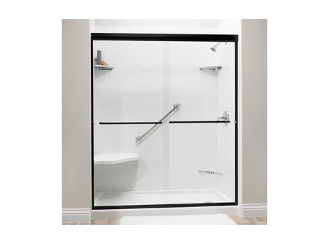 Liquid Accents Shower Door 48 x 76 Matte Black with 1/4 Clear Glass, Two Towel Bars and Two Knobs