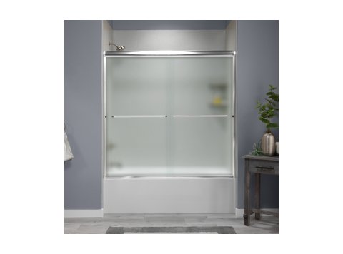Liquid Accents Shower Door 60 x 62 Chrome with 1/4 Frost Glass, Two Towel Bars and Two Knobs