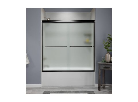 Liquid Accents Shower Door 60 x 62 Matte Black with 1/4 Frost Glass, Two Towel Bars and Two Knobs