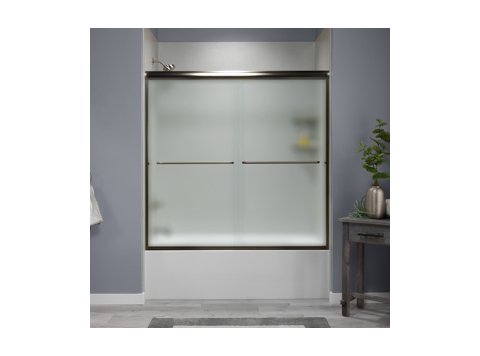 Liquid Accents 60 X 62 Shower Door, Oil Rubbed Bronze, 1/4 inch Frost Glass, Two Towel Bars & Knobs