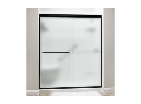 Liquid Accents Shower Door 60 x 70 Matte Black with 1/4 Frost Glass, Two Towel Bars and Two Knobs
