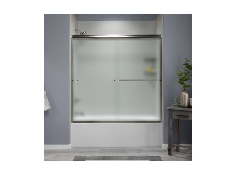 Liquid Accents 60 X 62 Shower Door, Brushed Nickel, 1/4 inch Frost Glass, Two Towel Bars & Two Knobs