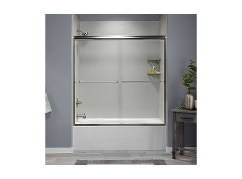 Liquid Accents 60 X 62 Shower Door Brushed Nickel, 1/4 inch Clear Glass, Two Towel Bars & Two Knobs