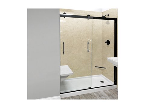 Liquid Accents 48X74 Denali Double Slider Door, Matte Black, 5/16 inch Clear Glass, Vertical Handles