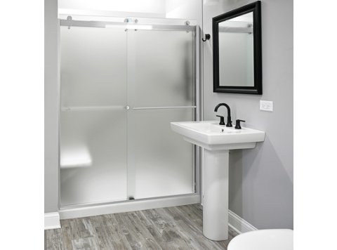 Liquid Accents 60X74 Denali Shower Door Barn-Style Double Slider, Chrome, 5/16 inch Frost Glass
