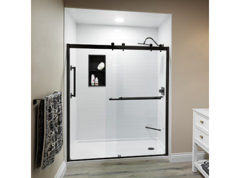 Liquid Accents 60X74 Denali Shower Door Barn-Style Double Slider, Matte Black, 5/16 inch Clear Glass