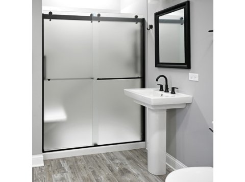 Liquid Accents 60X74 Denali Shower Door Barn-Style Double Slider, Matte Black, 5/16 inch Frost Glass