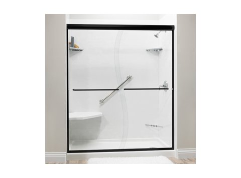 Liquid Accents Shower Door 60 x 76 Matte Black with S-Curve 1/4 Clear Glass, Two Towel Bars