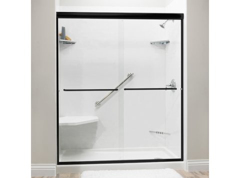 Liquid Accents Shower Door 72 x 70 Matte Black with 1/4 Clear Glass, Two Towel Bars and Two Knobs