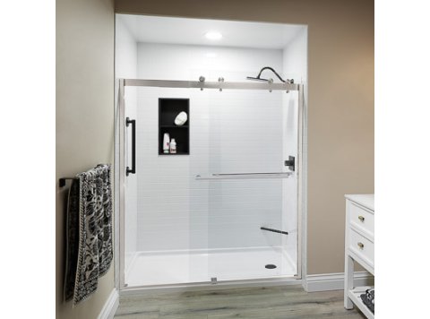 Liquid Accents 54X74 Denali Shower Door Barn-Style Double Slider, Chrome, 5/16 inch Clear Glass
