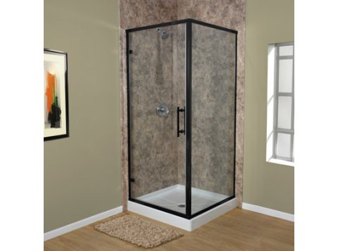 Liquid Accents 32X32 K2 Double Threshold Door, Matte Black, 1/4 inch Clear, Vert. Back-To-Back Handles