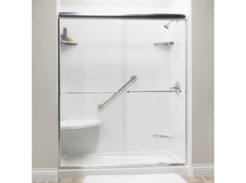 Liquid Accents Shower Door 66 x 70 Chrome with 1/4 Clear Glass, Two Towel Bars and Two Knobs