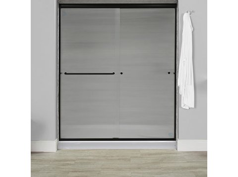 Liquid Accents 60X70 Shower Door, Matte Black, 1/4 inch Corrugated Privacy Glass, 2 Towel Bars & Knobs