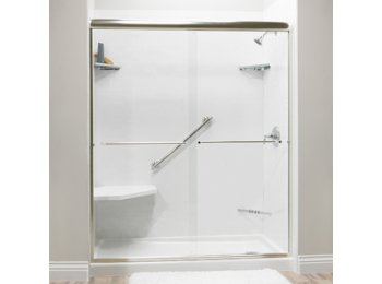 Liquid Accents Shower Door 54 X 70 Brushed Nickel W/ 1/4 Clear Glass, Two Towel Bars And Two Knobs