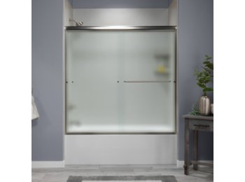 Liquid Accents 60 X 62 Shower Door, Brushed Nickel, 1/4 inch Frost Glass, Two Towel Bars & Two Knobs