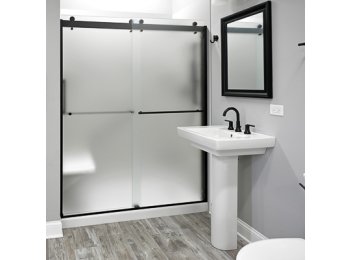Liquid Accents 60X74 Denali Shower Door Barn-Style Double Slider, Matte Black, 5/16 inch Frost Glass