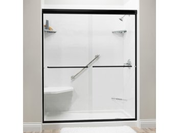 Liquid Accents Shower Door 66 x 70 Matte Black with 1/4 Clear Glass, Two Towel Bars and Two Knobs